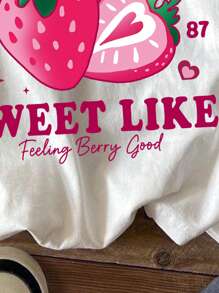 SHEIN Maglietta girocollo a maniche corte da ragazza pre-adolescente, con stampa casual minimalista a fragole americane, adatta per l'estate