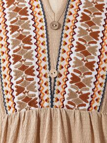 Young Girl Plant Print V-Neck Lantern Sleeve Ruffle Hem A-Line Dress - Apricot - View 3