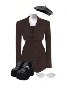 Lunelith SHEIN Lunessa Women's Plain Color Casual Bandeau Dress And Collared Jacket Suit Design, Autumn/Winter