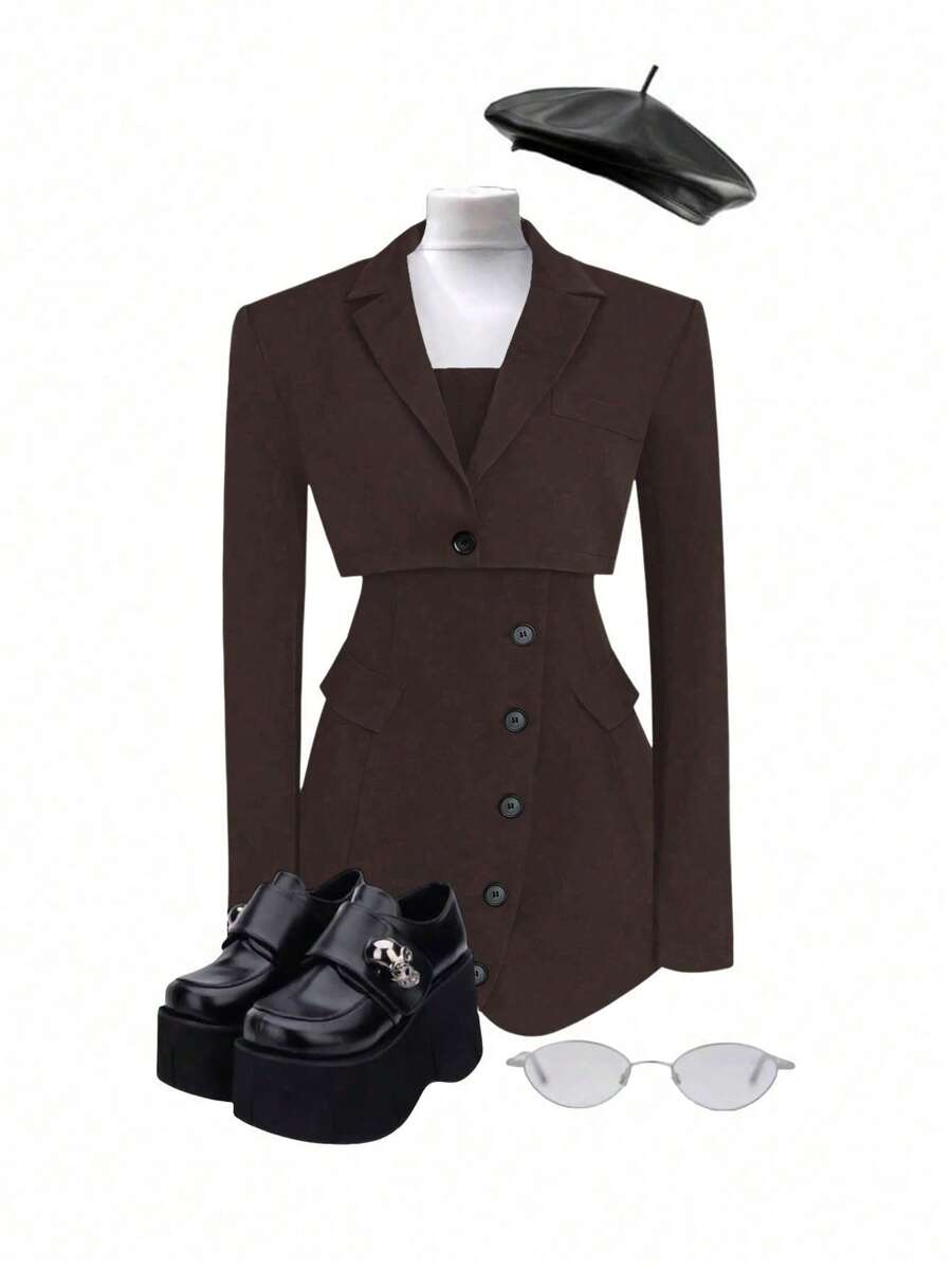 Lunelith SHEIN Lunessa Women's Plain Color Casual Bandeau Dress And Collared Jacket Suit Design, Autumn/Winter