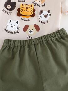 Cozy Pixies 2pcs/Set Baby Boy Cartoon Animal Print Knitted Soft Round Neck Short Sleeve Pullover Top And Elastic Waist Shorts