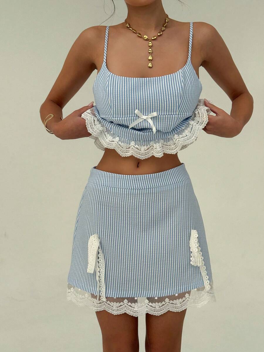 Aloruh Damen 2 Stücke Set mit Schleife, gestreiftem Camisole-Top und Minirock