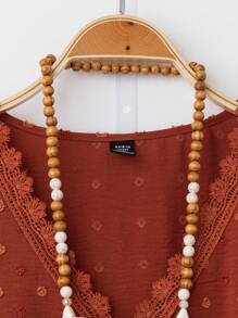 SHEIN LUNE Plus Size Women's V-Neck Textured Polka Dot Long Sleeve Ruffled Panel Casual Loose Fit Blouse, Suitable For Spring/Summer, Vacation And Daily Wear