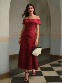 ZEYLAH 女士休闲通勤纯色前扣亚麻 A 字裙 - 酒紅色 - 查看 5