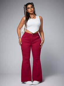 SHEIN ICON 大码女式工装口袋喇叭裤休闲百搭牛仔裤 - 酒紅色 - 查看 6