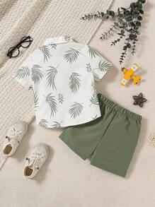 SHEIN Vintaside Kids 男婴节日休闲亚麻色热带树叶印花服装 - 綠色 - 查看 2