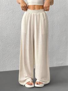 SHEIN EZwear Quần dài ống rộng cạp rút vải lanh màu mơ cỡ lớn cho mùa hè - Màu be - Xem 1