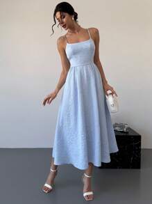 Firerie Abito da donna elegante e romantico, in tessuto dall'effetto minimale, con spalline sottili, di lunghezza media, adatto per appuntamenti e vacanze in primavera/estate - Blu - Visualizzare 3