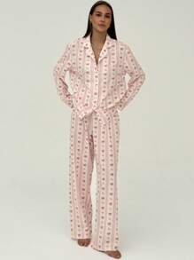 Aloruh 粉色条纹印花衬衫和裤子套装，适合居家和户外穿着 - 粉色 - 查看 3