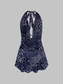 INAWLY Women Leopard Print Halter Backless Tie Casual Mini Dress - Blue - View 2