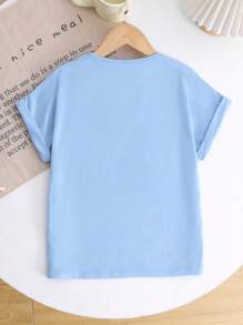 SHEIN Camiseta de manga corta casual holgada de cuello redondo lisa para niñas preadolescentes en vacaciones