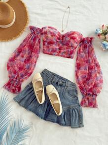 Soleia Women's Pink Floral Watercolor Print Off Shoulder Twist Lantern Sleeve Organza Blouse, Boho Sexy Holiday Vacation Casual Party Top No Chest Padding - Multicolor - View 5