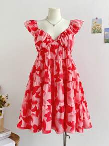 Soleia 大码女式粉色花卉印花盖袖 A 字迷你连衣裙，春季