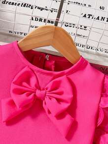 Young Girl Solid Color Bow Decor Patch Short Sleeve Stylish Shirt - Pink - View 5