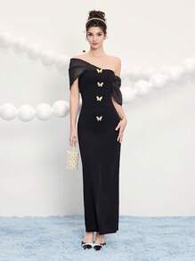 Poshira Women Black Knit Mixed Material Butterfly Gold Buttons Patchwork Metal Buckle Cocktail Dress, Wedding Guest Dress Music Festival Spring/Summer, Party Dress, Prom Dress - Black - View 1