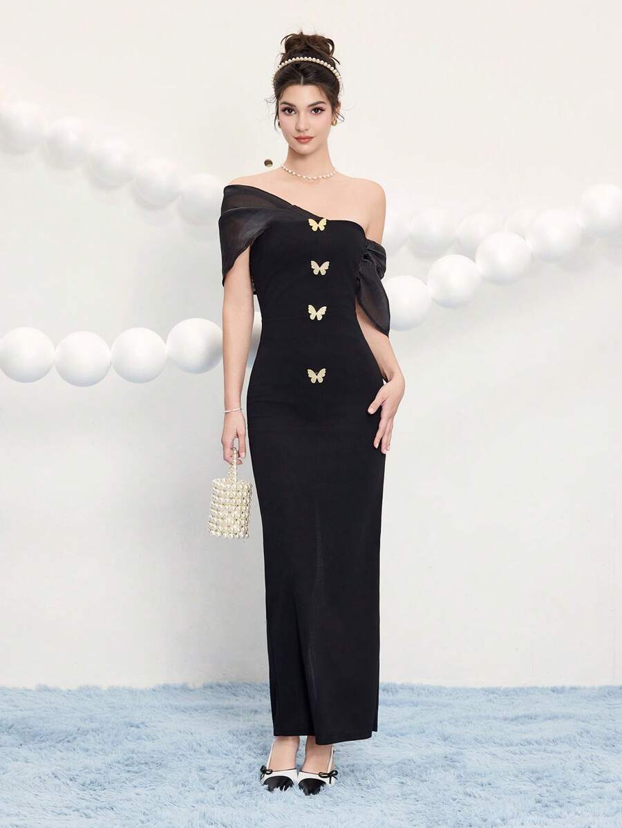 Poshira Women Black Knit Mixed Material Butterfly Gold Buttons Patchwork Metal Buckle Cocktail Dress, Wedding Guest Dress Music Festival Spring/Summer, Party Dress, Prom Dress - Black - View 1