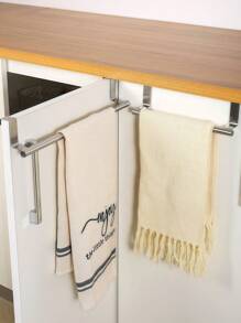 1pc Kitchen Stainless Steel Towel Rack Storage Rack Non-Porous Cabinet Door Back Rag Rack Storage - Silver - View 1