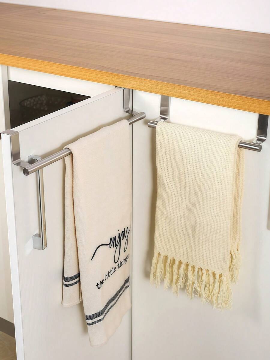 1pc Kitchen Stainless Steel Towel Rack Storage Rack Non-Porous Cabinet Door Back Rag Rack Storage - Silver - View 1