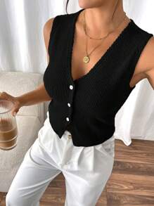 SHEIN Frenchy 女士针织纹理纽扣前休闲背心，黑色 - 黑色 - 查看 6