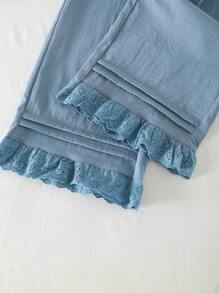 少女甜美淑女圆领无袖3D蝴蝶结刺绣荷叶边上衣搭配松紧腰阔腿撞色荷叶边短裤夏季套装 - 霧霾藍 - 查看 3