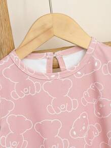 Baby Girl Sweet Cute Bear Print Long Nightgown, Short Sleeve, Sleepwear, Family Matching - Pink - View 3