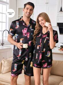 CoupledUp Cute & Interesting Western Style Satin Collar Men's Pajama Set - Multicolor - View 1