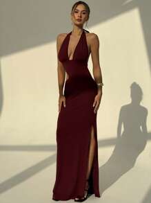 Aloruh Nowa seksowna sukienka z głębokim dekoltem w serek i wiązaniem w talii, z wycięciem z boku, w kolorze czerwonym, wiosna/lato