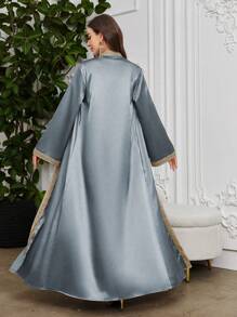 Layrah 女士水溶性蕾丝拼布朴素长袍阿巴亚和连衣裙套装，摩洛哥长袍穆斯林时尚阿巴亚，适合节日/聚会，优雅奢华晚会风格 - 霧霾藍 - 查看 2