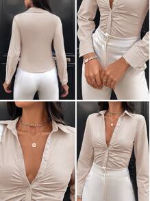 EURMUSE Cotton Solid Ruched Button Front Shirt - Apricot - View 7