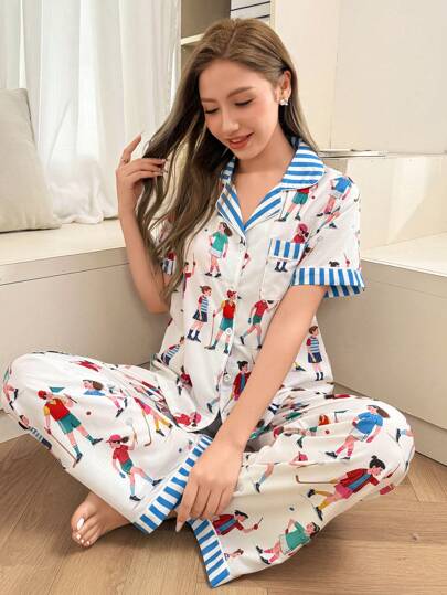 Dream Adore 女士泡泡皱卡通印花翻领条纹拼接短袖短裤睡衣套装