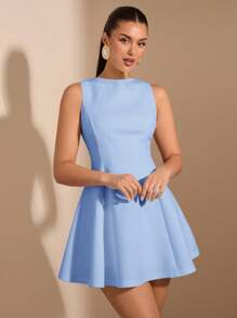 SHEIN BAE فستان أنيق بخصر مجمع وقصة A بدون أكمام، لون سادة، مناسب لمناسبات الربيع والصيف - أزرق فاتح اللون - مشاهدة 4