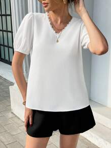 SHEIN Unity Casual Minimalist Solid Color Puff Sleeve Tie Back Shirt - White - View 3
