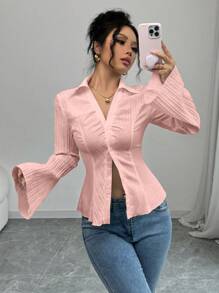 Elenzga 女士白色 V 领衬衫秋季修腰休闲上衣 - 粉色 - 查看 3