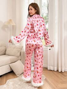 Dream Adore 2 piezas Pijama de mujer con estampado de oso de peluche y corazón lindo