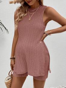 SHEIN 2pcs Pregnant Women Vacation Casual Solid Color Side Slit Cami & Shorts Set - Pink - View 3