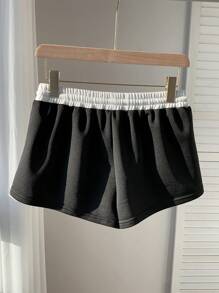 Comfortcana 女士夏季撞色抽绳腰宽松休闲短裤，适合健身 - 黑與白 - 查看 2