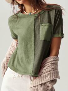Bohemela Boho Vacation Casual Knit Color Block Round Neck Short Sleeve Loose T-Shirt For Women - Army Green - View 3