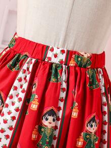 少女金色花朵乌尔都玫瑰长袍，节日少女传统连衣裙，带有乌尔都玫瑰碎花图案，宽裙，荷叶边围兜，舒适的针织面料，2 件套，包含印花 T 恤和荷叶边裙，俏皮可爱 - 彩色 - 查看 6