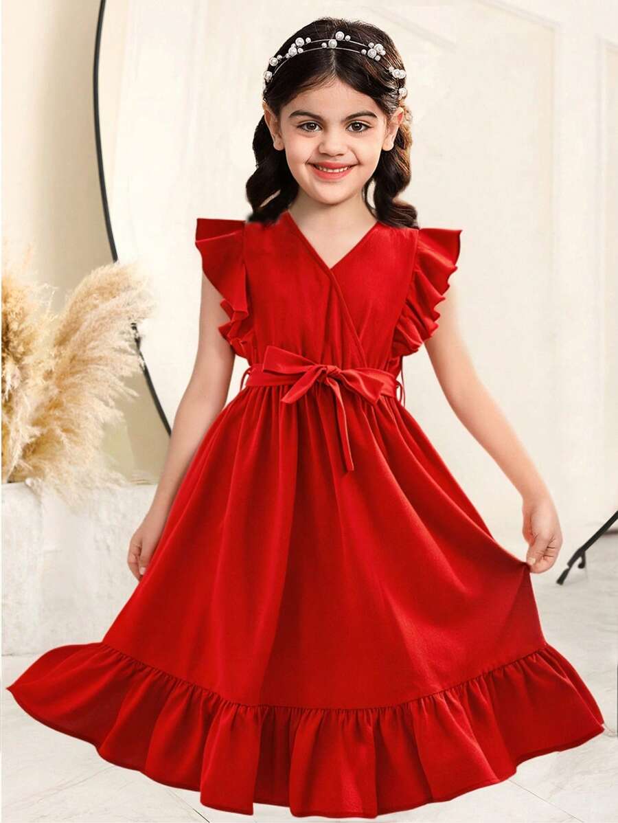 SHEIN Vestido midi con cuello en V, volantes y corte evasé para niña joven - Rojo - Ver 1