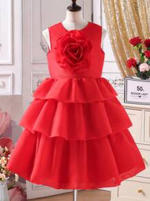 Tween Girls Multilayer Elegant Red Floral 3D Tutu Princess Dress, Suitable For Banquet - Red - View 3