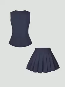 Sweetra Women's Elegant Luxury Style Decorated Button Cardigan Vest + Pleated Mini Skirt 2 Pieces Suit Set For Party Y2K Outfit  - Baby Blue - View 2