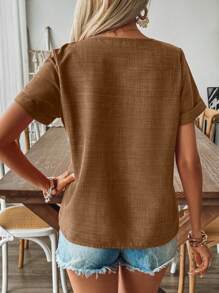 EMERY ROSE Spring & Summer Casual Button Decor Bamboo Fiber Blouse - Brown - View 2