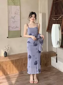 DAZY 2pcs Women Floral Print Mesh Long Sleeve Top And Dress Set, Minimalist