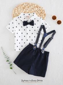 Cozy Pixies Set de 2 piezas para niño bebé que incluye corbata de moño, blusa de manga corta con cuello y pantalones cortos tipo babero. Adecuado para fiestas de cumpleaños, bautizos, 1er cumpleaños, galas, actuaciones, bodas, baby showers y otras ocasiones