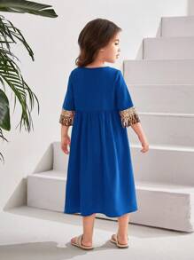 Vestido casual de vacaciones para niña con unicolor, estampado de flores diminutas y diseño de patchwork