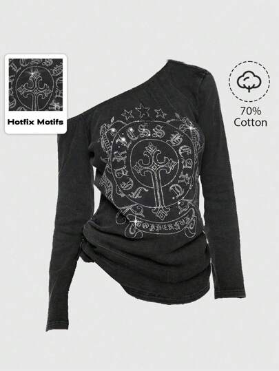 Grunge Punk Tee-shirt asymétrique pour femmes avec motif vintage Y2K de vigne de strass et graphique festif délavé