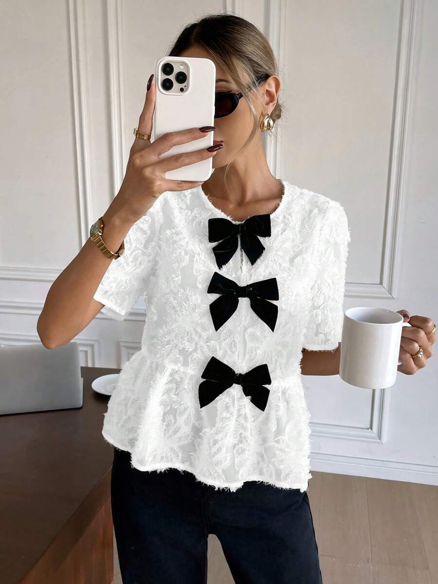 SHEIN Frenchy Women's Bow Decor Short Sleeve Ruffle Hem Fashion Blouse Summer White