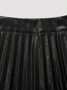 Calvaya 女士高腰百褶裙，黑色仿皮裙，优雅百搭，凸显身材