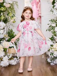 SHEIN Glamorique Kids Little Girls Puffy Rose Floral Print Dress With Puff Sleeves, Princess Dress Young Girl Spring Dress  Young Girls Flower Dresses Teens For Girls Party Dress Young Girl Grauation Dress Toddler Dress For Wedding - White - View 4