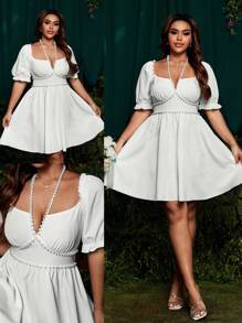 SHEIN Belle Robe de mariée/demoiselle d'honneur vintage élégante pour invités, col carré, manches courtes, décor de fausse perle blanche. Robe femme mignonne et digne d'une villégiature